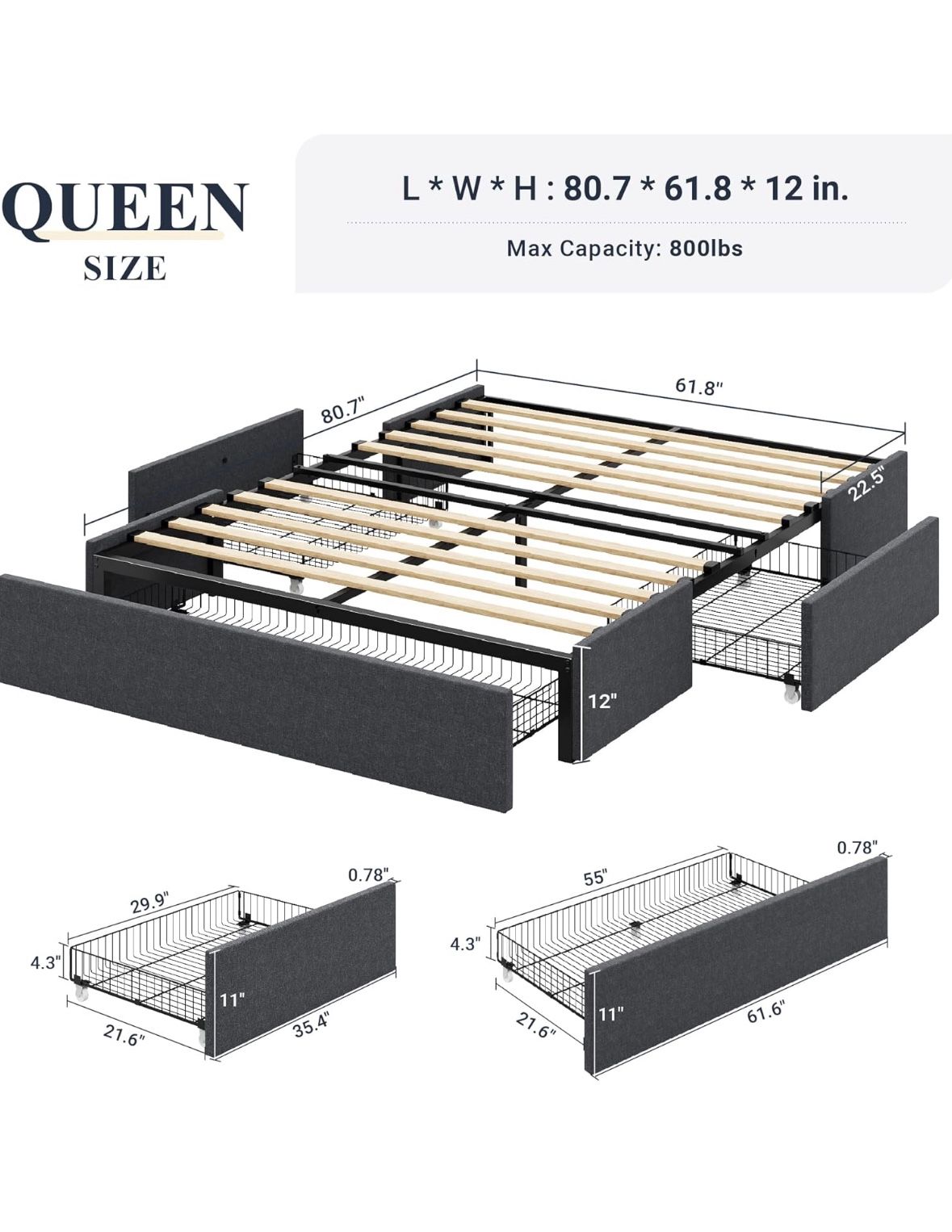 Queen Mattress & Bed Frame with 3 Storage Drawers On Side