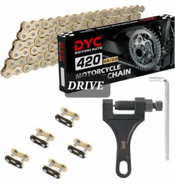 DYC Daiyoki Auto Brand GOLD 420 Heavy Duty Motorcycle Drive Chain Kit New In Box. The box contains: The 420 Roller Chain: One pre-stretched 132 or 138