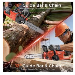 16-Inch Brushless Chainsaw, Portable Battery Operated Chainsaw, Rechargeable Electric Cordless Chain Saw, for Wood Cutting & Trimming (Battery & Charg
