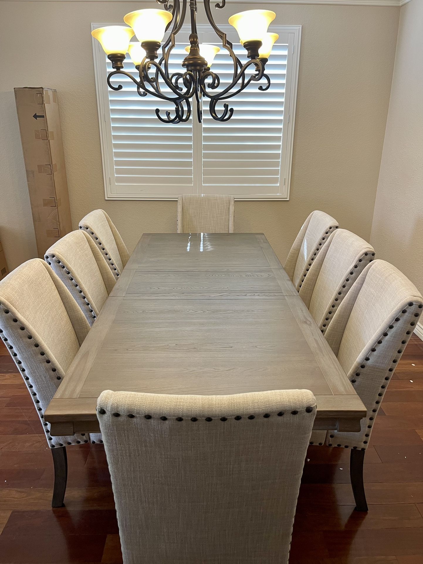 9pc Dining Table Set Rustic Trestle Base Table With 6 Beige Linen Chairs With Studded Trim