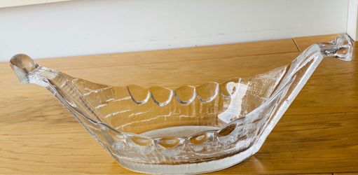 Viking Ship Glass Serving Bowl. 5 1/2” wide X12” longX 4 1/4” tall to top of end.