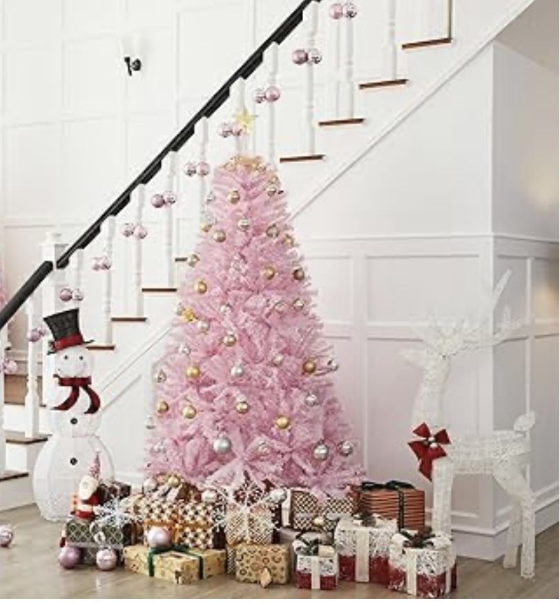 6ft Pink Artificial Christmas Pine Tree Seasonal Holiday Carnival Home Party Decoration for Home, Office, Party Decoration Indoor Outdoor with 818 Bra