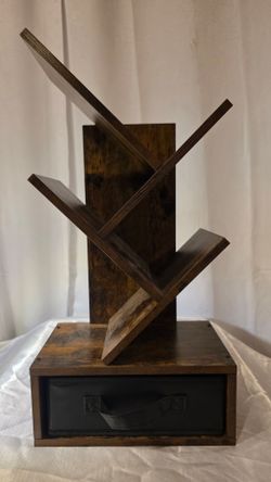 Wood Tree Book & Letter Holder, Rustic Freestanding w/ Storage Compartment