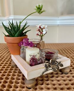 Small Upcycled Lightly Distressed Pink Wooden Tray on Risers