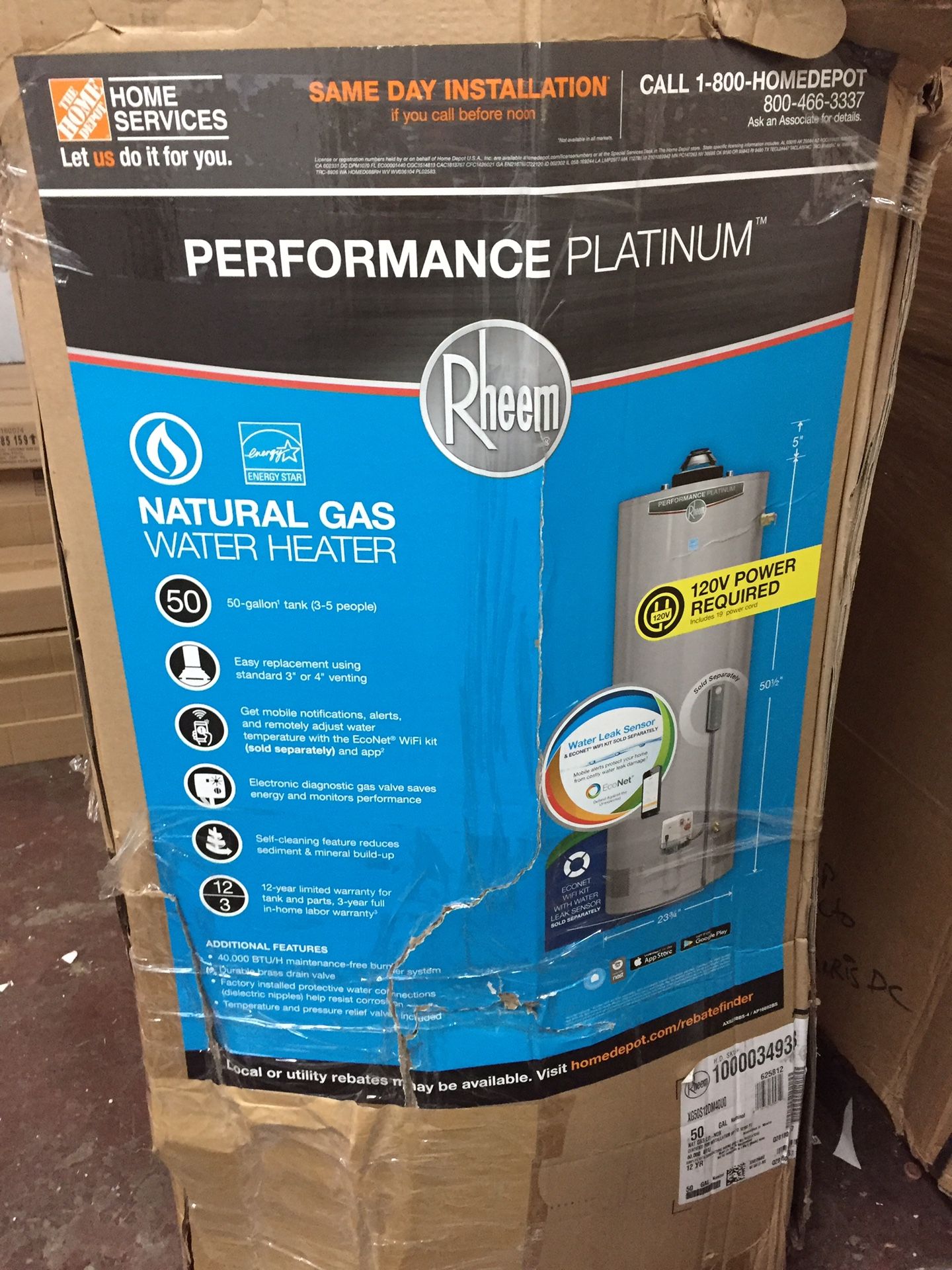 Rheem perfomance platinum 50 Gal. Short 12 year 40,000 BTU Natural Gas ENERGY STAR Tank water heater