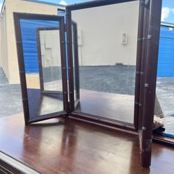 Vintage Faux Bamboo Wood Trifold Table Top Vanity Mirror 