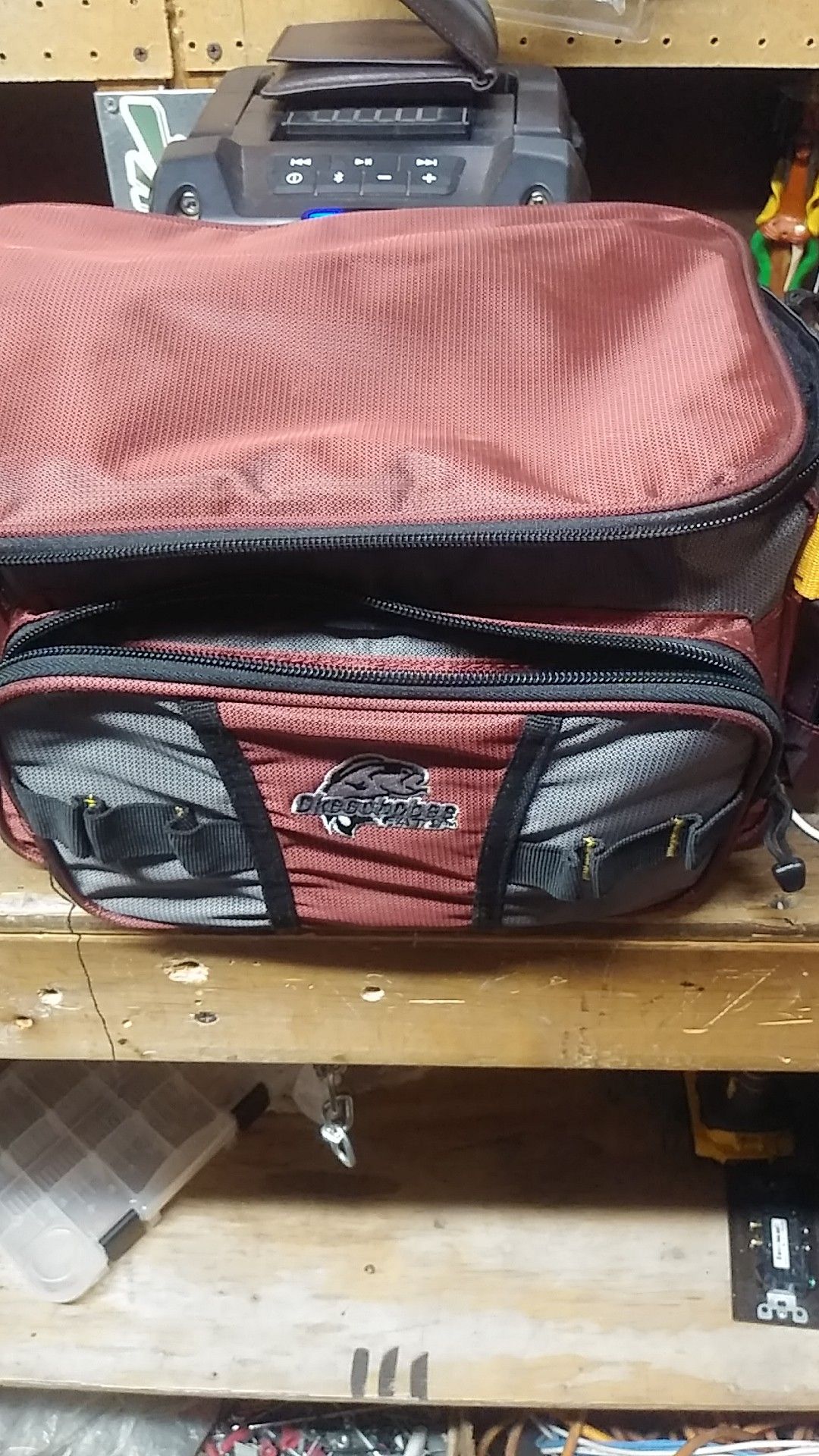 Fishing tackle bag with lures and scales