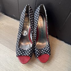Retro Polka Dot Peep Toe Heels – Black & White w/ Red Toe | Pin-Up Vintage Style | Size 7.5
