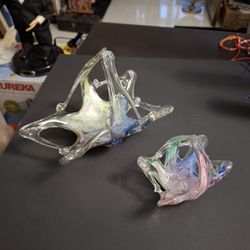 Set Of 2 Blown Art Glass Murano Style Gorgeous Irregular Basket Shaped Figures In Blue, Green, Yellow & Pink Swirls