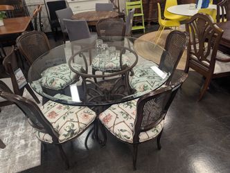 French Revival Ornate Metal Glass Table w/ Wood Carved Rattan Chairs