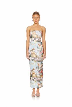 SUPERDOWN Harmony Strapless Mesh Maxi Dress Blue Multi S | Vintage Angel Print Tube Bodycon