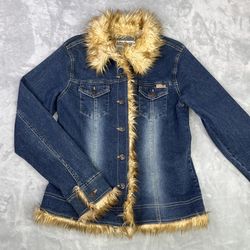VTG Billabong Womens L Y2K Blue Denim Faux Fur Trim Cropped Trucker Jacket Coat