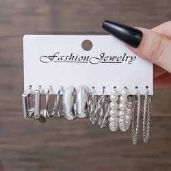 Fashion Jewerly Set Of 6 Earrings High Quality Cute Silver Colored Earrings