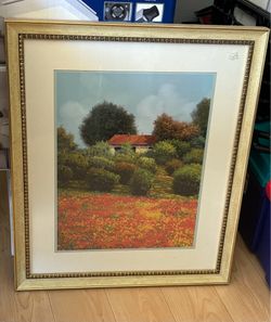 Framed Cottage and Poppy Field Landscape Art