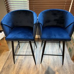 Blue Velvet Bar Stools – Set of 2 (Like New!) 