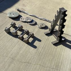 Curling Bar with plates, Dumbbells and rack