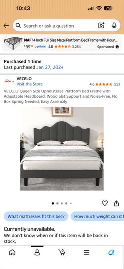Queen bed frame with gray upholstered headboard Must be gone by Saturday