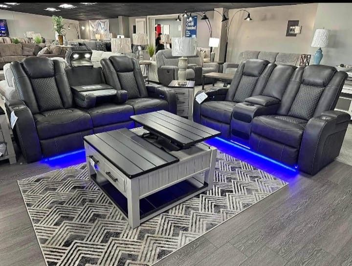 $10 Down Payment Finance 🕵🏼♀️New Fyne Dyme Black Led Power Reclining ( Sofa & Loveseat ) Living Room Set