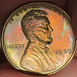 1939-S UNCIRCULATED RAINBOW TONED LINCOLN WHEAT CENT! WOW!!
