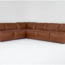 Burton Honey Brown Natural Leather 132" 3 Piece Modular L-Shaped Sectional | Reversible | Deep Seated | Armless