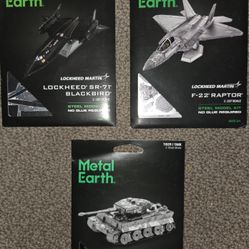 Metal Earth Steel Model Kits. 3 NEW In Unopened Packages! LOCKHEED SR-71 BLACKBIRD,  F-22 RAPTOR, & A TIGER I TANK.