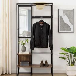 New Storage Entryway Hall Tree with Mirror - Rustic Oak
