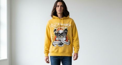 NEW Ed Hardy “Death before Dishonor”  Hoodie Men’s LARGE Yellow Eagle Graphic Sweatshirts NWT