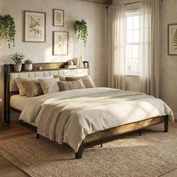 King Bed Frame, Storage Headboard with Charging Station, Solid and Stable, Noise Free, No Box Spring Needed, Easy Assembly (Walnut and Beige)