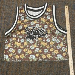 Teddy Fresh Brown Floral Pattern Cropped Basketball Jersey Size Small