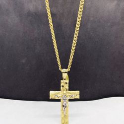14k Miami cubana chain and solid cross , necklance gold pendant