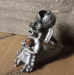 Vintage Doris Smallcanyon Navajo Sterling and Coral Kachina Ring, Size 6.5-7 ladies
