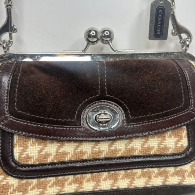 Coach Vintage Houndstooth Suede Kisslock Handbag Turnlock Purse Womens Designer