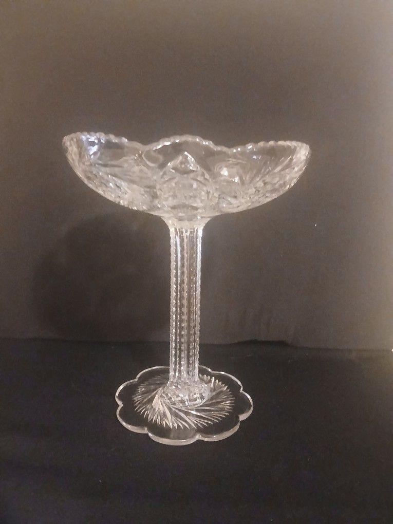 Antique Glass Pedestal Sunburst Aztec EAPG Compote Scalloped Sawtooth Edge 7.5"