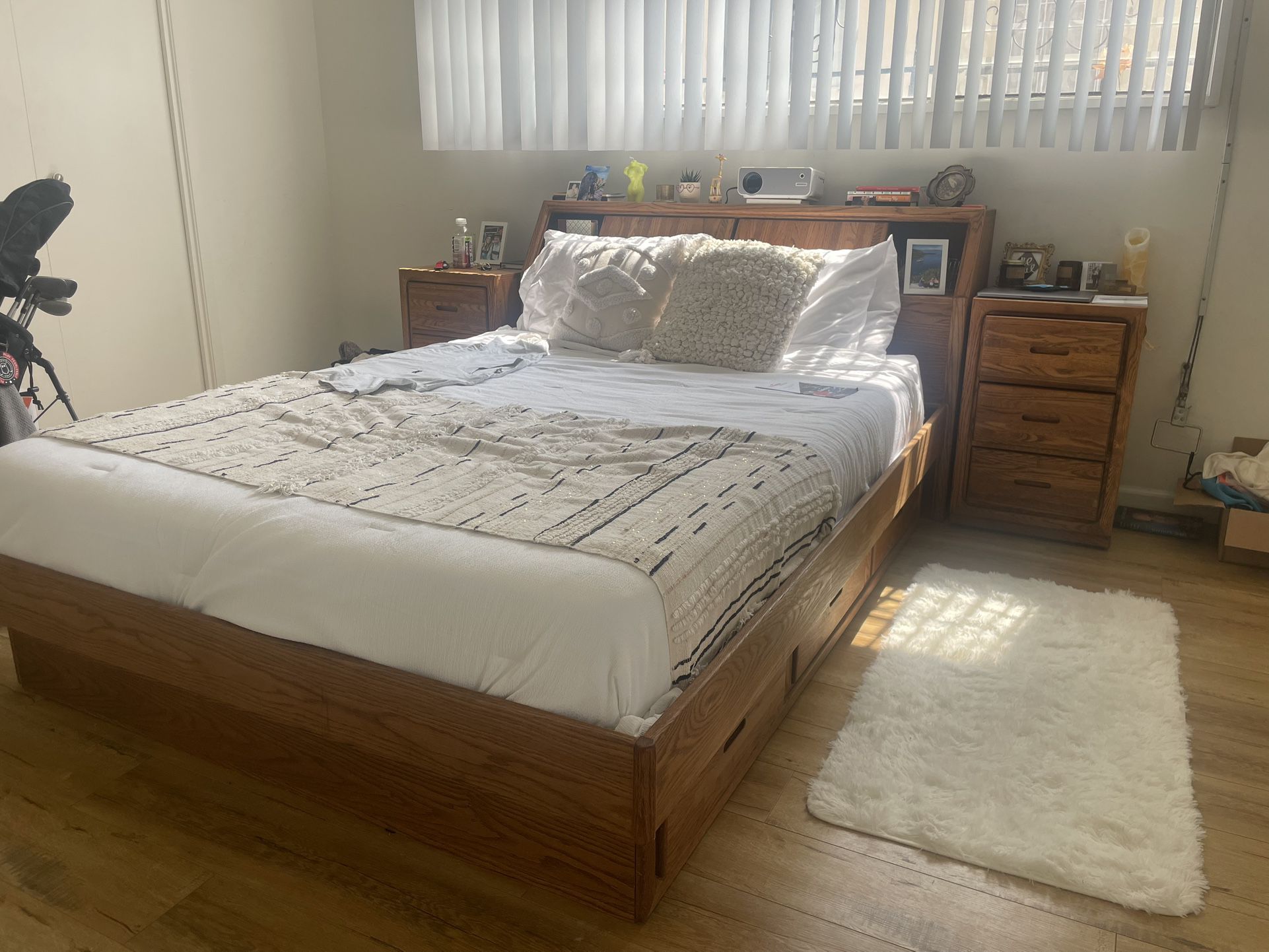 Queen Bed, 2 x Side Tables, Book Shelf