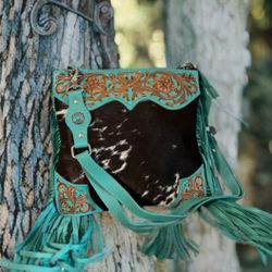 💋New Release Myra Bag Western Turquoise Fringe Cowhide Tooled Leather Crossbody