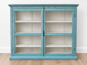 Distressed Teal Wood Display Cabinet