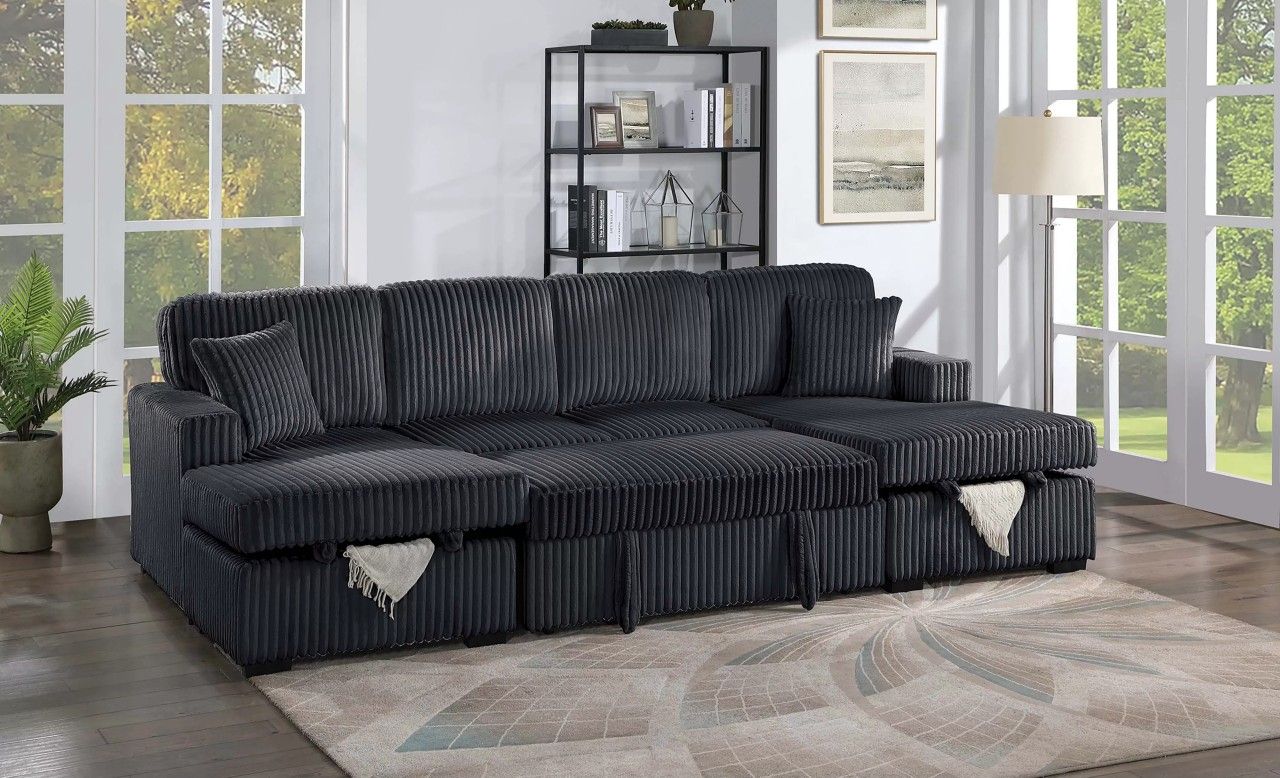 ✅️✅️3 pc Black  color✅️  corduroy fabric  sectional sofa with double storage chaise and pop up sleep area in center✅️✅️✅️