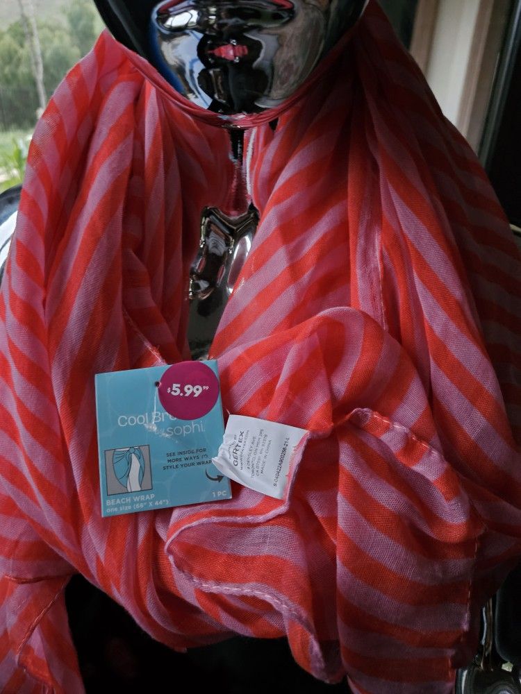 NWT Bright Pink on Pink Striped Light Beach Wrap/Scarf/Shawl Fun Happy Pattern