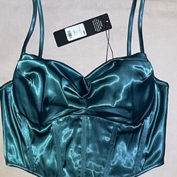 Fashion Nova Emerald Green “Special Memory” Satin Corset Top – Size S
