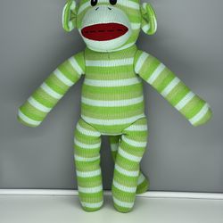 SOCK MONKEY Toys R Us 2011 Green and White Striped Plush 18” - Displayed Only