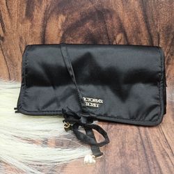 Victoria's Secret VS black satin Forever Angel Travel Jewelry Roll make up bag organizer 2 zipper pouches gold hardware 2 heart charms at end of ties 