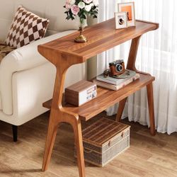 Solid Wood End Table, 2-Tier Mid Century Modern Side Table