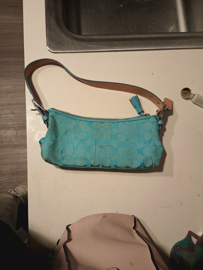 RARE Vintage Leather Coach Baguette Purse In Turquoise