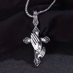 STAINLESS PRAYING HANDS N CROSS 