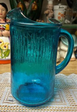 Vintage Blue Glass Pagoda Pitcher Textured MCM Anchor Hocking Glass