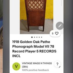 1918 Golden Oak Pathe Phonograph Model Vll 78 Record Player 5 Records Incl 