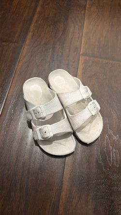 White Two-Strap Buckle Slide Sandals
