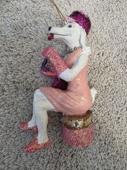 Pink White Poodle Dog Christmas Ornament Glitter Dress Hat Sitting on Stool 5.3"
