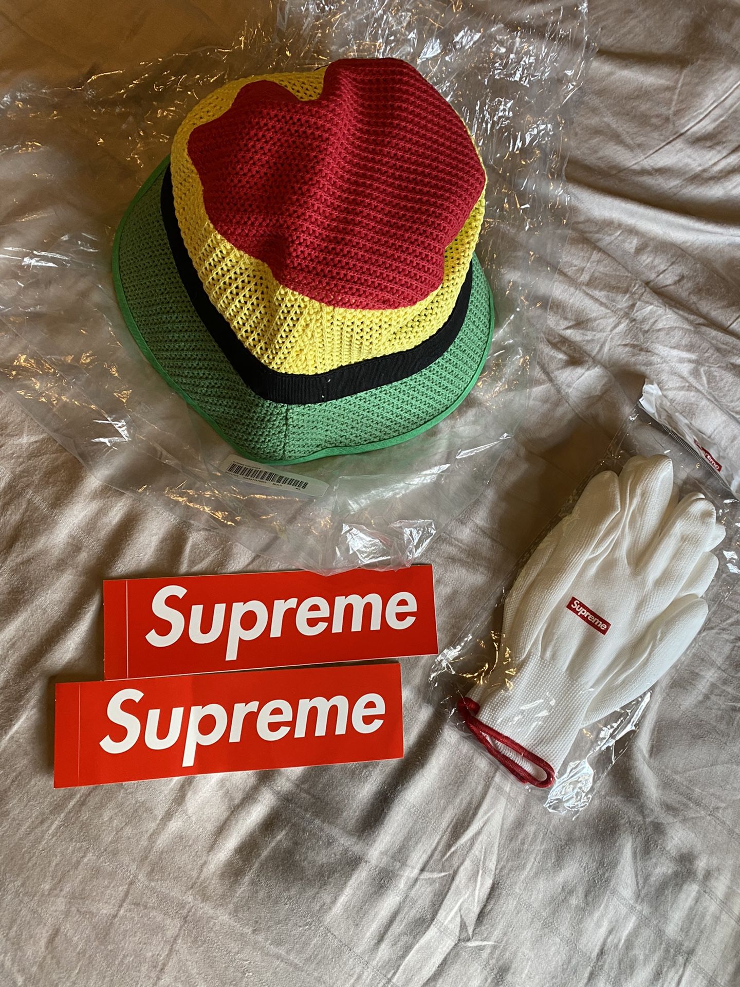 Supreme Hat With Stickers And Gloves