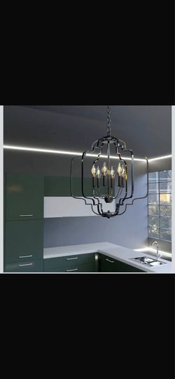 New in box Bulb Included Black Farmhouse Chandelier with 6 Lights,Lantern Metal Pendant Ceiling Light Fixture Lighting for Dining Room,Living Room,Kit
